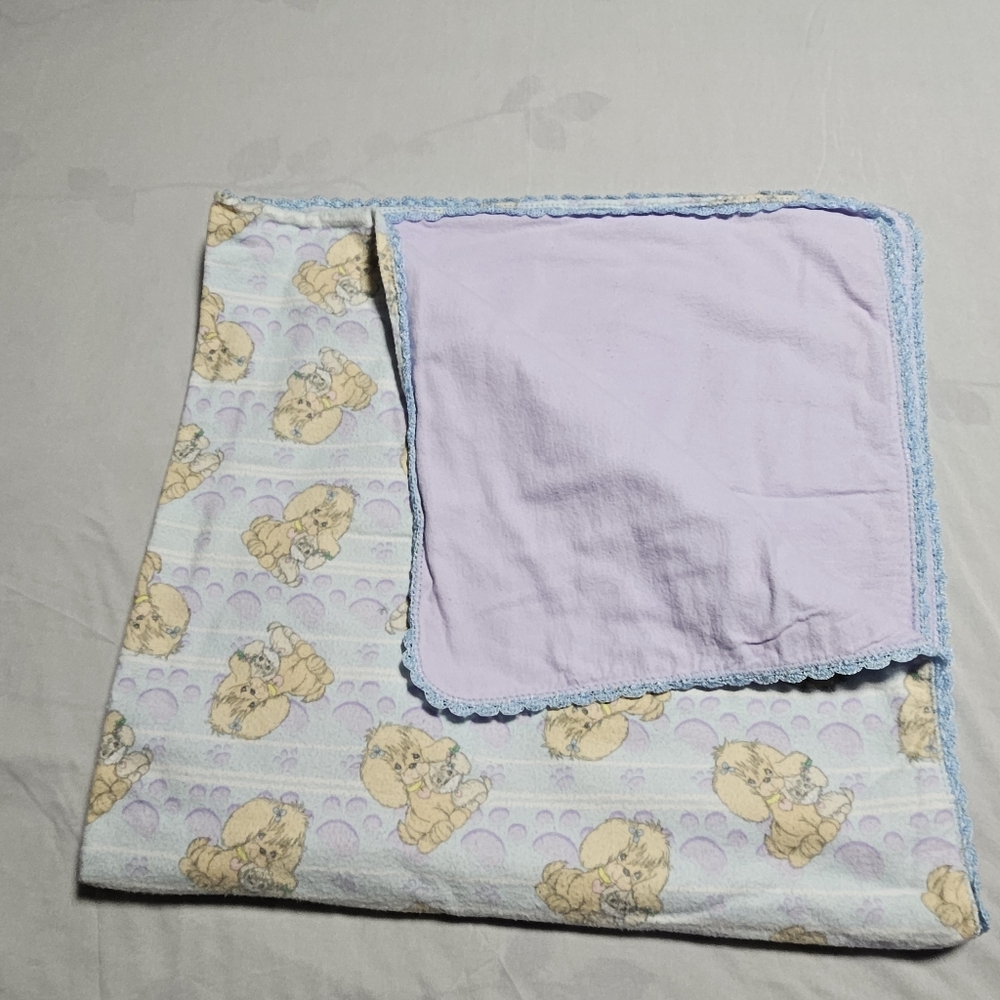 Precious Moments puppy baby blanket with crocheted edges 38" by 40"